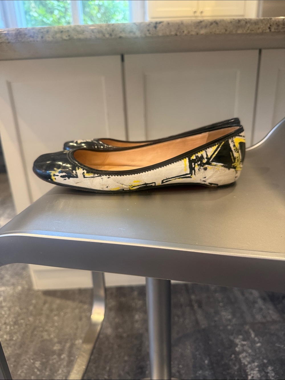 Christian Louboutin Black, White and Yellow Abstract Patent Trim Ballet Flats